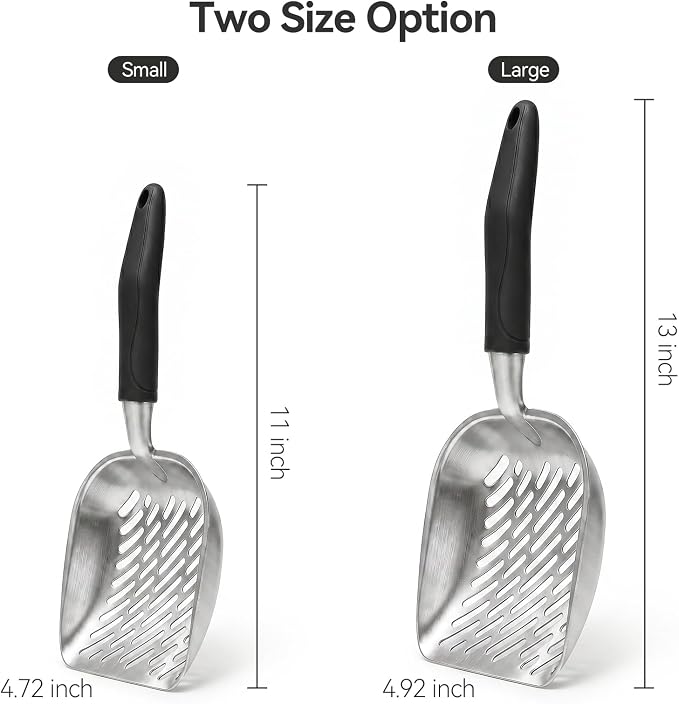 Cat Litter Scoop, Kitty Metal Scooper, Heavy Duty Aluminum Deep Sifter with Long Handle, Rustproof Durable Kitten Poop Shovel for Travel & Small Litter Box