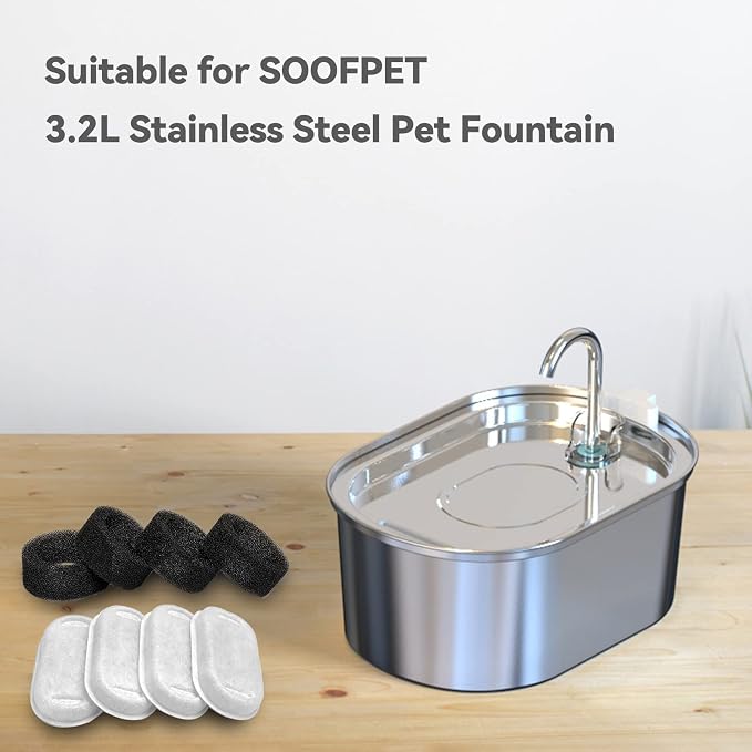 SOOFPET Stainless Steel Cat Water Fountain Filters: 8 Pack Filters (Carbon Filters + Sponge Filters) - Replacement Filters for 108oz cat Fountain