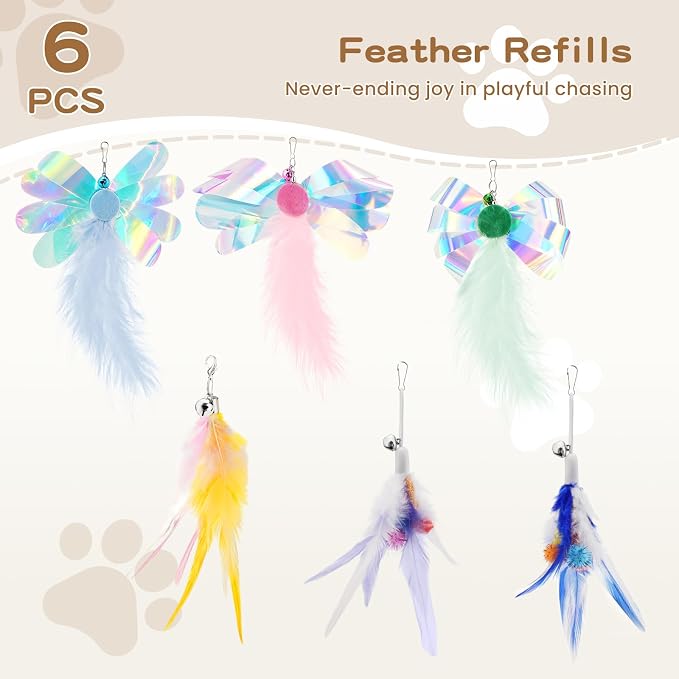Pawaboo Feather Teaser Cat Toy, Interactive Feather Wands Cats Toy Flying Feathers Cat Catcher with Extra Long 34.5" Wand and Small Bell, Exerciser Playing Toys, 1 Wand + 6 Feathers, Colorful