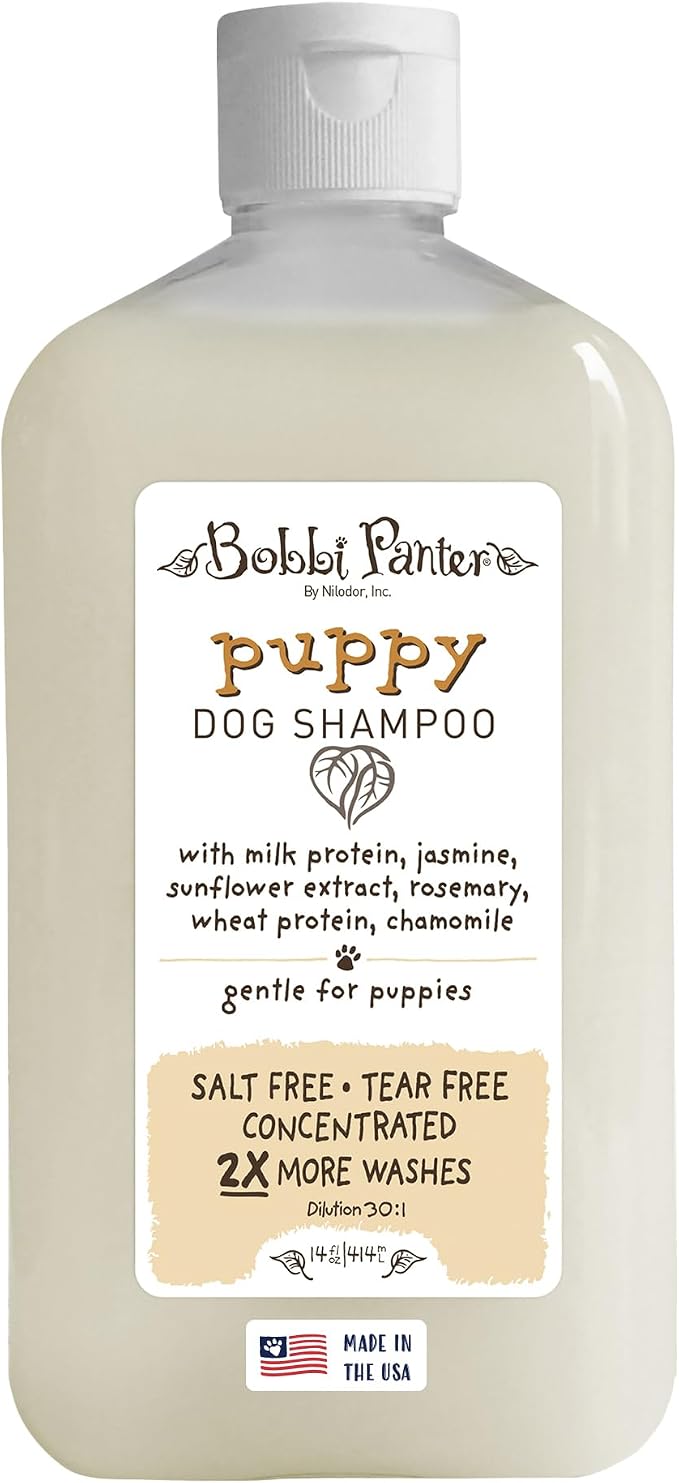 Bobbi Panter Puppy Dog Shampoo Milk Protein, Jasmine, Sunflower & Chamomile – Gentle Nourishing Formula for Puppies & Sensitive Skin, Tear-Free, 30:1 Concentrate, Made in USA, 14 oz