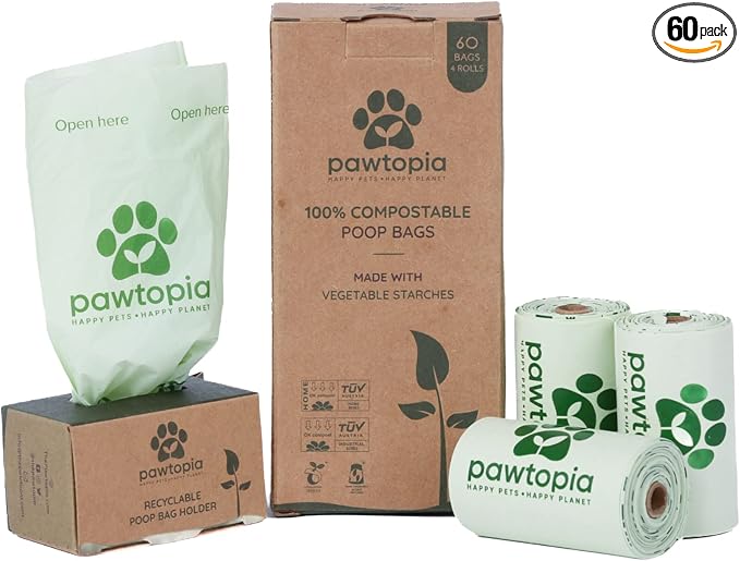 Pawtopia Biodegradable Dog Poop Bags, 60 Count, Certified Home Compostable, Leak-Proof, Easy Open, Standard Size, Supports Sustainable Living