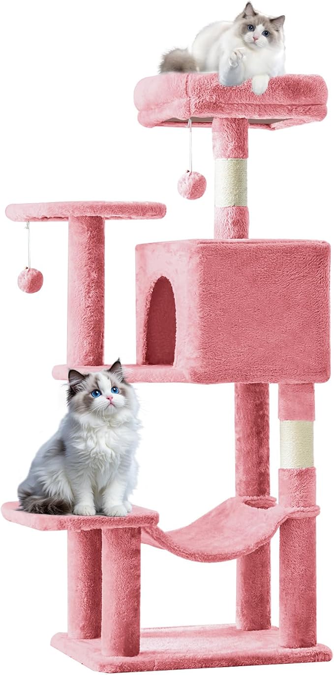 DUMOS Small 44 Inch Cat Tree Tower with Natural Sisal Scratching Posts | Cat Tree with Hammock, Pet Condo for Indoor Cats and Kittens Play, Pink