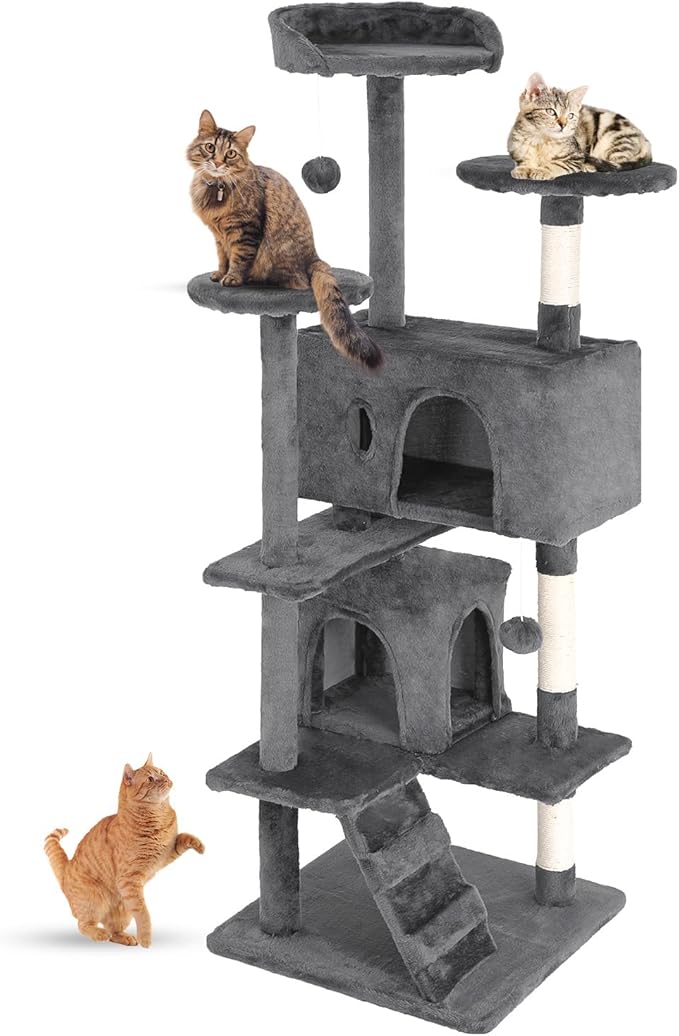FDW | 54" Cat Tree Tower | Light Gray | Multi-Level Indoor Activity Center | with Sisal Scratching Posts, Condos, Plush Perches, Hanging Cat Toys | Sturdy, Easy to Assemble | for Kittens & Adult Cats