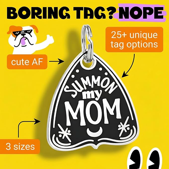 Bad Tags Personalized Dog and Cat ID Tags in 25+ Designs and 2 Sizes - 4 Lines of Custom Engraved Text - Funny Cute Personalized Pet Tags (Summon My Mom, Large (1.25 inch))
