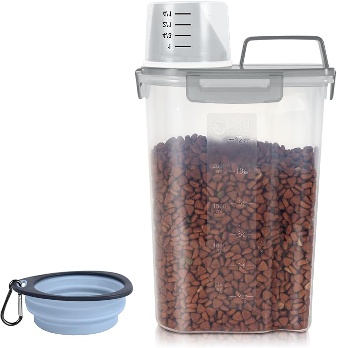 LEAWALK 3-5Lbs/3Qt Dog Cat Food Storage Container With Foldable Bowl., Plastic Pet Food Dispenser for Small Animal Kibble/Pet Food/Bird Seed/Oatmeal/Rice/Flour/Brown Sugart/Cereals (Clear Grey)
