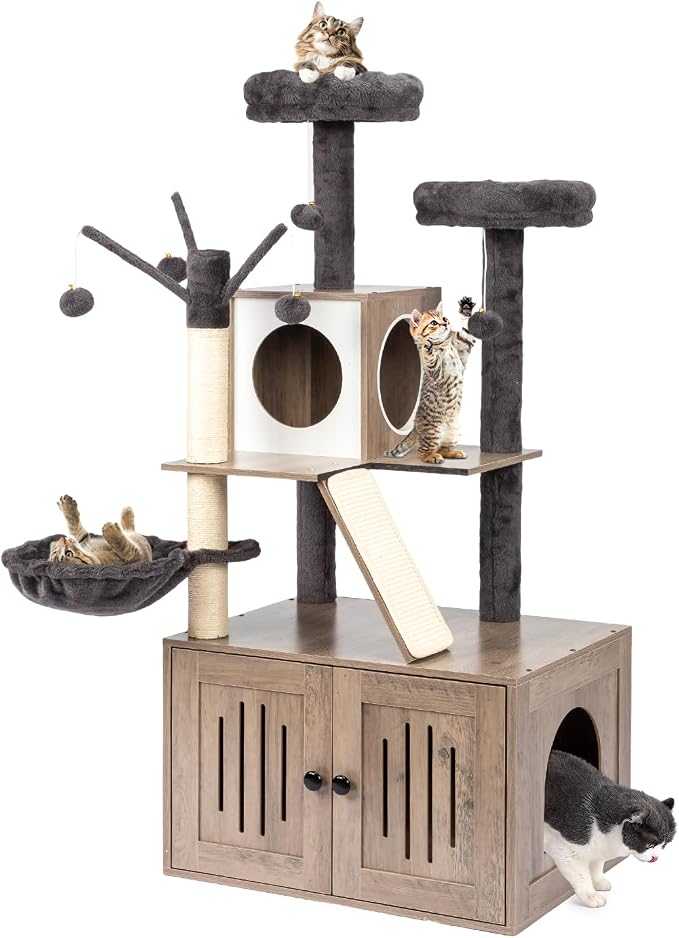 VINGLI Cat Tree Tower with Litter Box, 54" H All-in-1 Wooden Cats Condo, Cat Tower wih Scratching Posts, Houses for Indoor Kittens Hidden Cat Washroom Furniture (Gray & Wood, 54" H)
