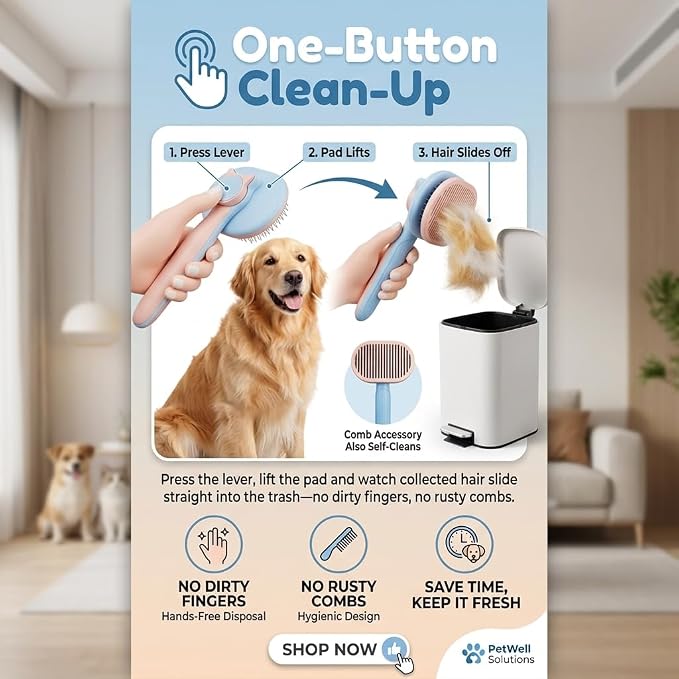 Self Cleaning Slicker Brush for Dogs and Cats | 2 in 1 Grooming Tool, Removes Loose Undercoat Tangles, Shedding Hair, Massage Bristles, Anti-Slip Handle, Long and Short Hair