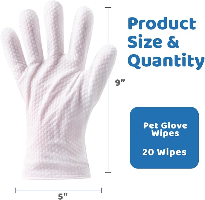 Pet Glove Wipes for Dogs & Cats with Coconut Scent, No Rinse Full Body Cleaning Large Gloves (9.84 x 9.05 inch), Gentle Grooming for Paws Face Ears Eyes Coat, Alcohol Free, 20 Pack