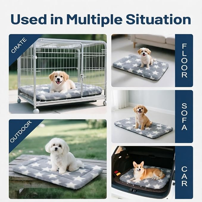 Dog Bed Mat, Reversible Crate Pad & Cute Dog Bed - Machine Washable Kennel Mat with Ultra Soft (Big&Small Stars Gray, 24" L*18" W*1.5" Th)