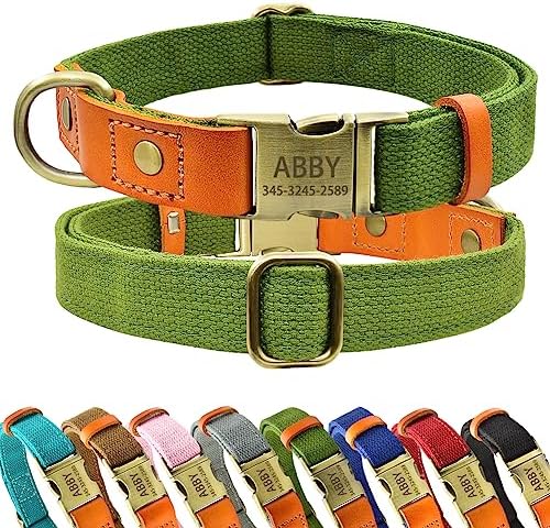 Personalized Dog Collar with Engraved Buckle for Small Medium Large Dogs, Custom Nylon & Genuine Leather Sewing Dog Collar with Name (L(1.0''*15''-23''),Green)