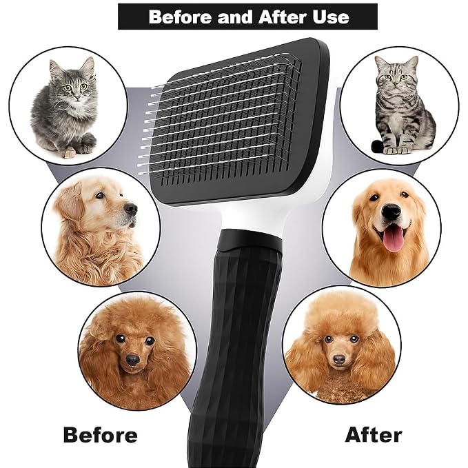 Self-Cleaning Slicker Brush, Dog Cat Bunny Pet Grooming Shedding Brush, Easy to Remove Loose Undercoat, Pet Massaging Tool Suitable for Pets with Long or Short Hair (Black)
