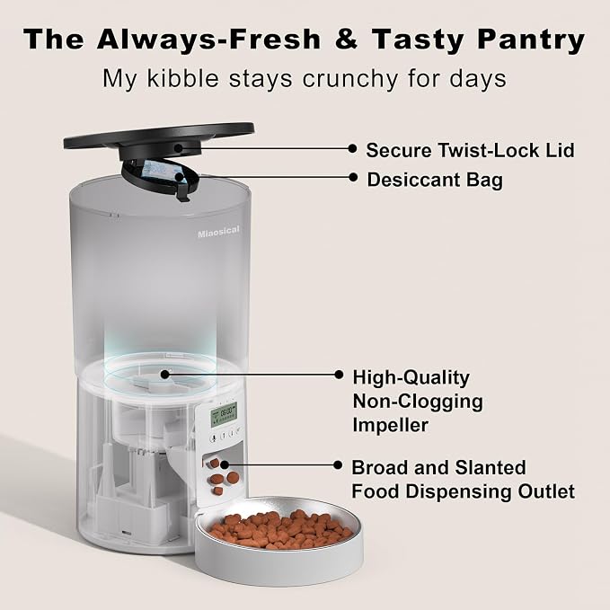 Automated Cat Feeder,Clear 4.2L Dry Food Dispenser with Single Bowl,Programmable Timed Pet Feeder for Up to 6 Daily Meals,10-Second Voice Message & Dual Power Backup (White, 4.2L Press Version)