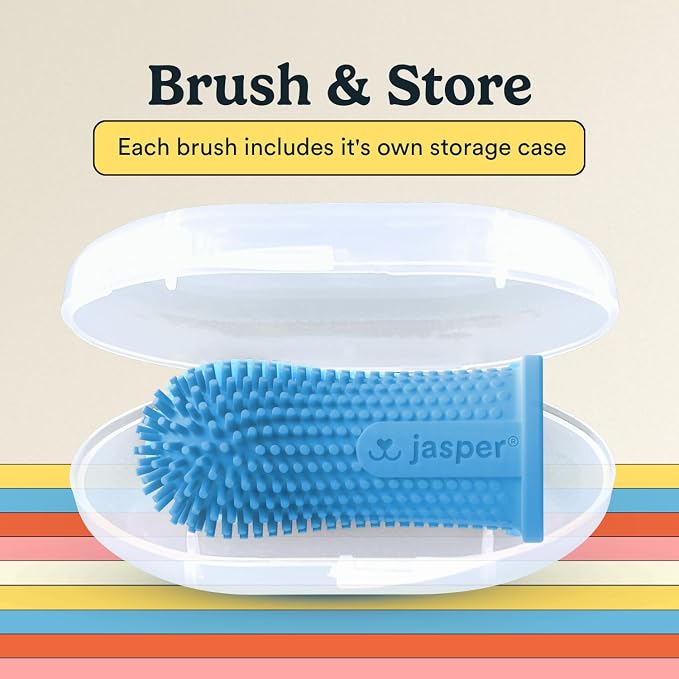 Jasper Dog Toothbrush, 360 Degree Dog Tooth Brushing Kit, Cat Toothbrush, Canine Dental Care & Teeth Cleaning Kit, Pet Finger Tooth Brush, Use with Pet Toothpaste, 4-Pack Blue