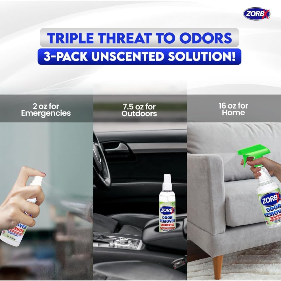 ZORBX Unscented Odor Remover Spray Set, 16+7.5+2 Oz, Hospital-Grade