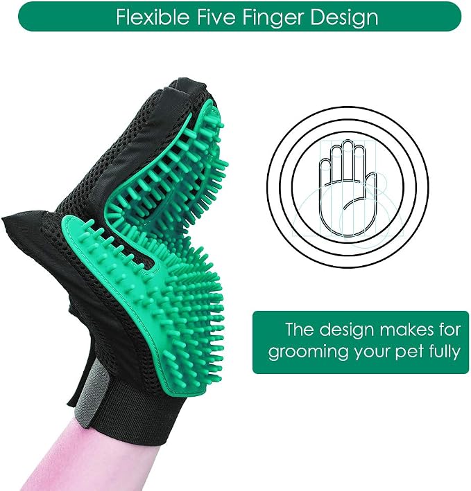 Pet Hair Removal Glove with 255 Silicone Tips for Dogs & Cats, 1 Pair Green | 2-in-1 Deshedding & Massage Mitt, 5-Finger Flexible Design, for Bathing & Grooming, Safe for Long/Short/Curly Hair Pets