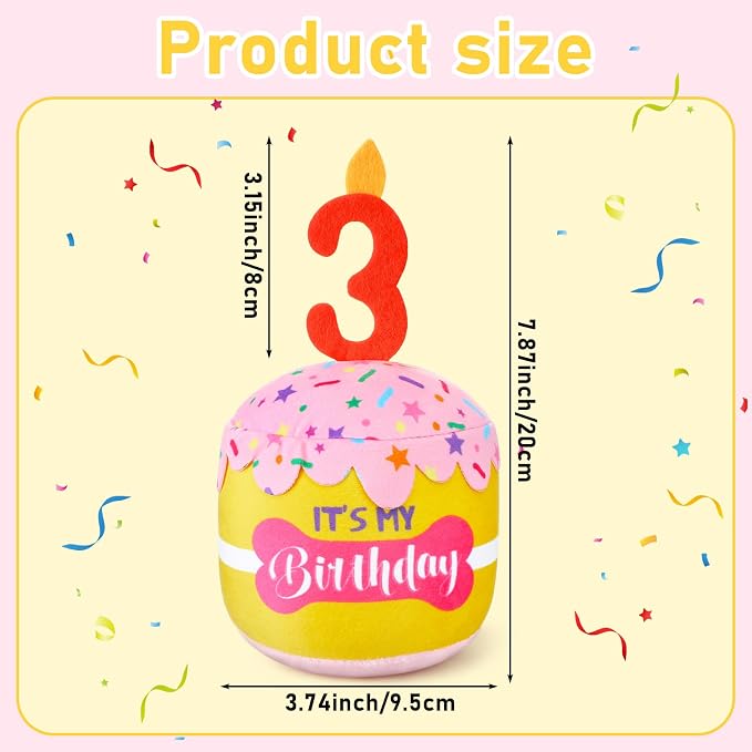 Dansydaisy Dog Birthday Cake Toy Squeaky Plush Toy for Girl Boy Gifts, Chew Accessories for Dog Birthday Party Decor Favor for Large, Medium and Small Dogs(3rd,Pink and Yellow)