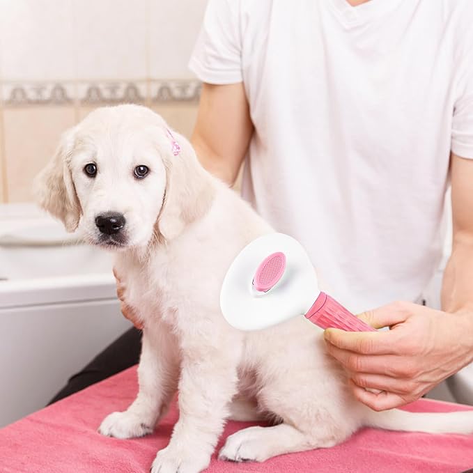Depets Cat Brush for Shedding, Skin Friendly Self-Clean Dog Slicker Brush | Removes Loose Undercoat, for Dogs Cats Rabbits Long & Short Hair, Pet Grooming Tool with Rounded Tips, Ergonomic Handle, Pink
