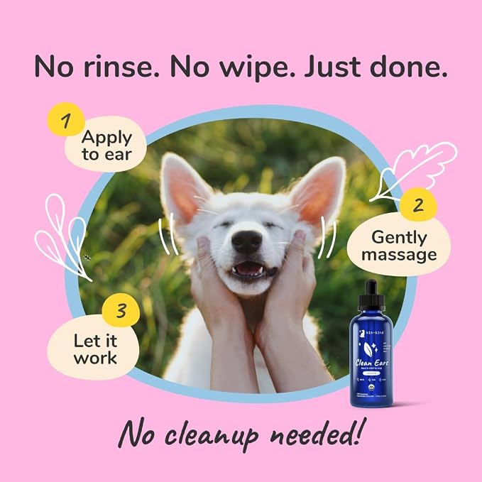 kin+kind Clean Ears - Natural Leave-in, No-Rinse Dog Ear Cleaner Solution - USDA Organic, Non-Greasy - 12 fl oz