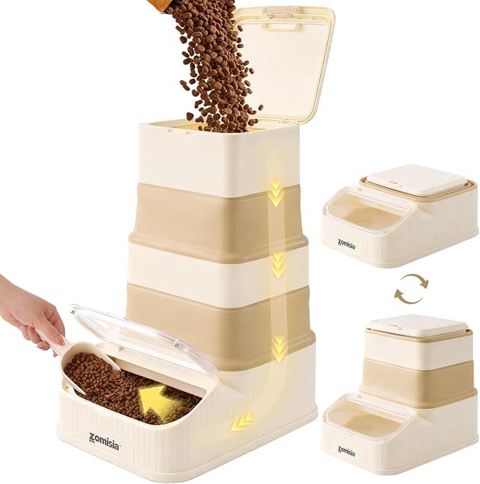 ZOMISIA 30-40lbs First-in, First-out Collapsible Dog Food Storage Container | FIFO System Easy Dispense Base for Freshness, Cat Food Storage Containers with Transparent Lid and Scoop