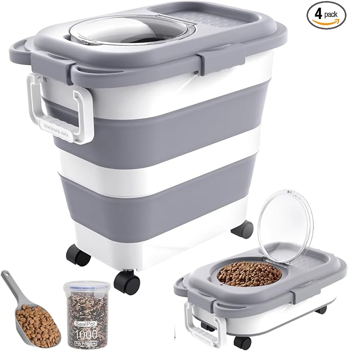 HOYTAMDAR 25-28lb Collapsible Dog Food Storage Container,Dog Food Container | Pet Food Storage Container with Airtight Lid,Wheels,Handle,Measuring Scoop&Small Container For Dog Cat Bird Seed