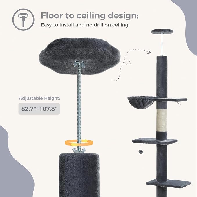 PEQULTI Floor to Ceiling Cat Tree, Adjustable 83-108in 5-Level Tower, Smoky | Tension-mounted tall cat tower with 5 levels, cozy condo, hammock & sisal scratching post; wide base for indoor adult cats