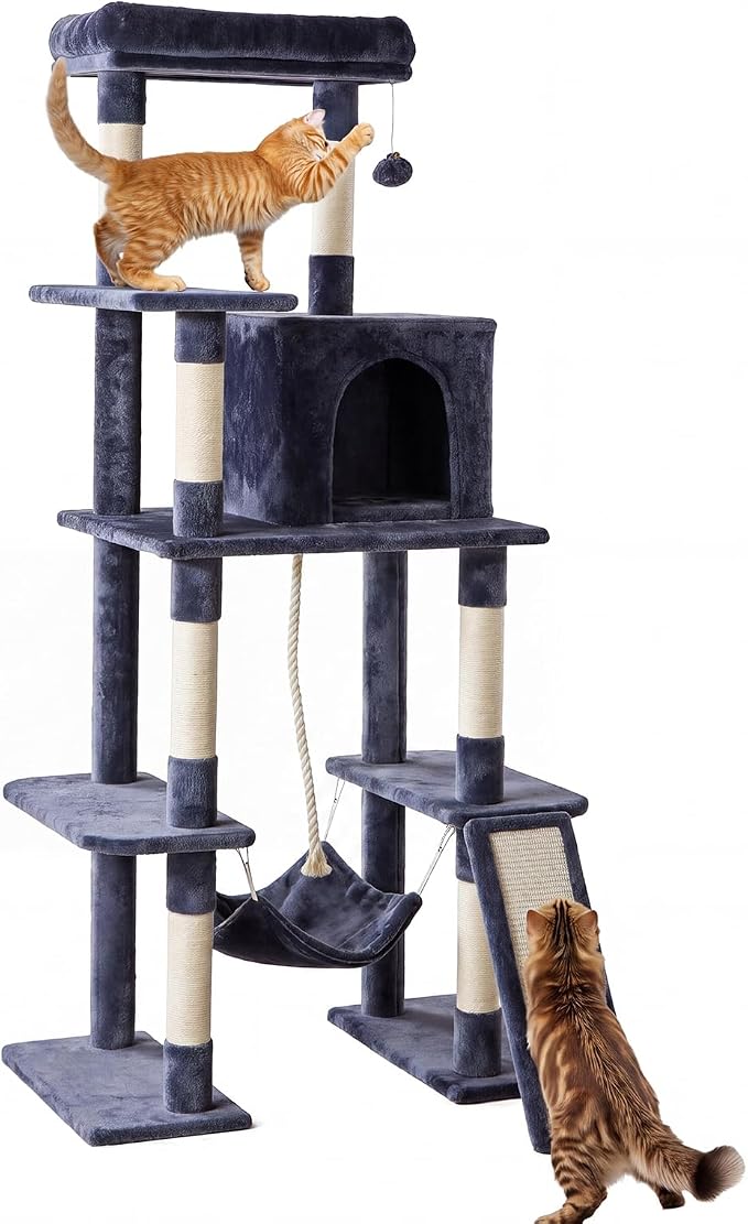 63 Inch Cat Tree Tower with Sisal Scratching Post | Multi-Level Cat Climbing Tower with Hammock, Pet Condo for Indoor Cats and Kittens, Grey