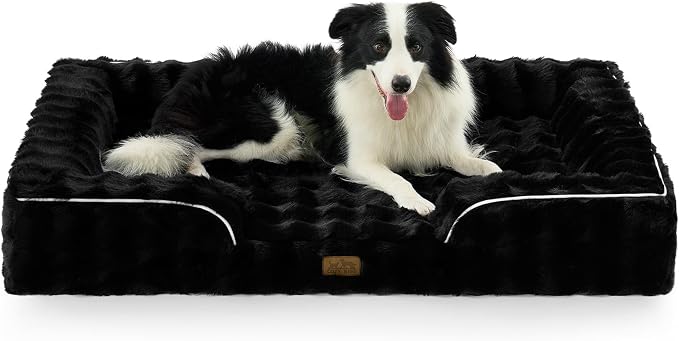 COZY KISS Orthopedic Dog Bed for Extra Large Dog, Soft and Warm Faux Fur Sofa for Giant Pet Up to 150 lbs, Foam Bolster Anti-Slip Couch with Washable Removable Cover, XXL 48x35x8 inch, Black