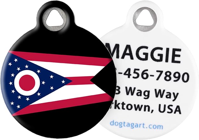 Ohio State Flag Personalized Pet ID Tag for Dogs and Cats, Silent Polymer Coated Stainless Steel Ohioan Flag Nametag with Customized Identification Information - Small .875" Diameter