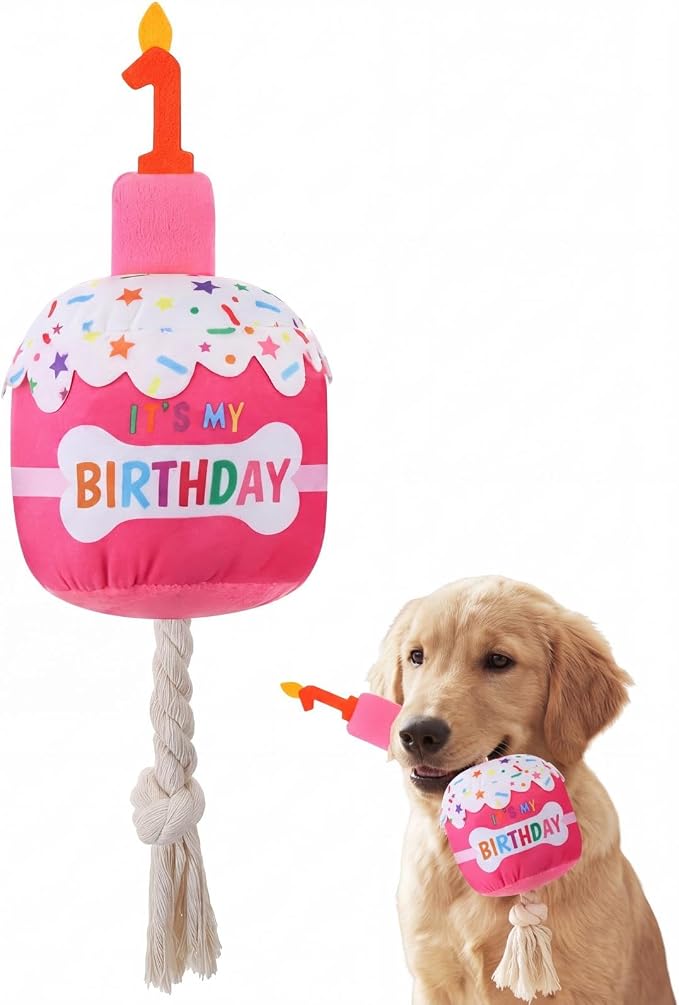Dansydaisy Dog Birthday Cake Toy Squeaky Plush Toy for Girl Boy Gifts, Chew Accessories for Dog Birthday Party Decor Favor for Large, Medium and Small Dogs(1st,Rose Pink)