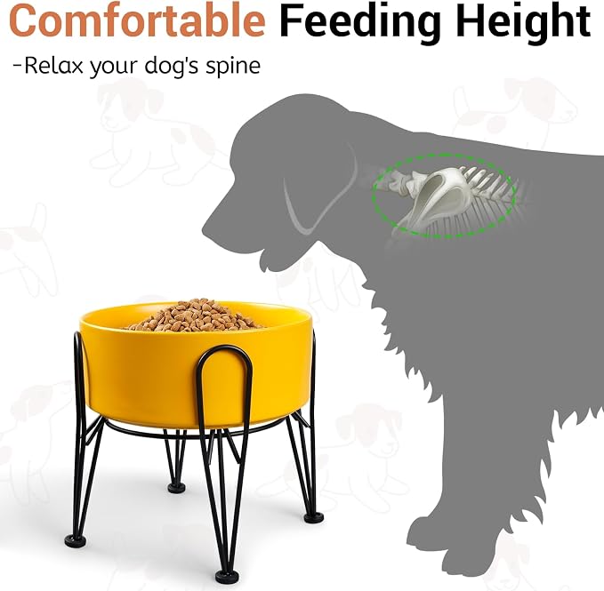 Elevated Dog Bowls, Ceramic Raised Dog Bowl Set with Anti-Slip and Non-Tip Metal Stand, 2 Pack Pet Food and Water Feeding Bowls for Small and Medium Dogs (Yellow,7.6 Cups)