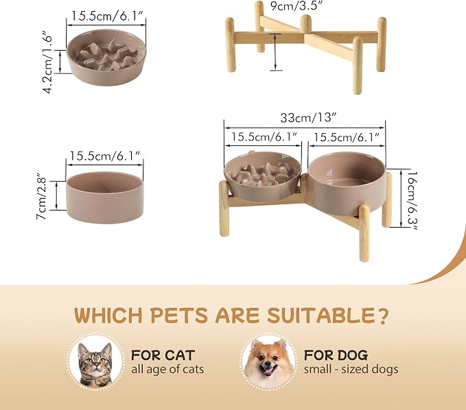 Havniva 6.1” Raised Slow Feeder Dog Bowls Set, 0.9 Cups Ceramic Slow Feeder Dog Bowl and 6.1” Dog Water Bowl with Elevated Wooden Stand Puzzle Dog Food Bowl for Small Dogs Anti-Gulping & Anti-Choking