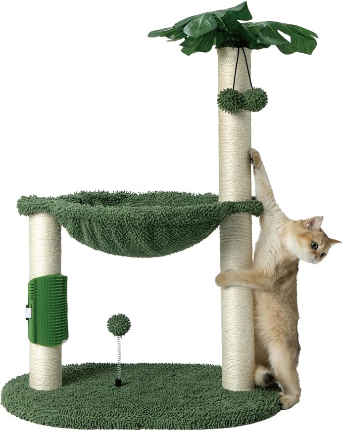 MECOOL Cat Tree Tower 32" Tall Scratching Post with Large Hammcok for Indoor Cats,Self-Massage Bursh Hanging Ball Toys,Monstera Deliciosa Green
