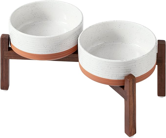 Havniva 7.3" Elevated Dog Bowls Ceramic Raised Dog Bowl with Non-Slip Stand (Acacia Wood) Weighted Dog Food & Water Bowl for Medium Breed Dogs - 5 Cups 41 oz