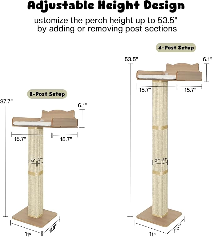 Cat Window Perch with Thick Sisal Scratching Post, Cat Hammock for Window, 53.5" Adjustable Tall Cats Scratching Post with 2 Upgrade Suction Cups, Cats Window Bed with Fluffy Cushion, Sisal
