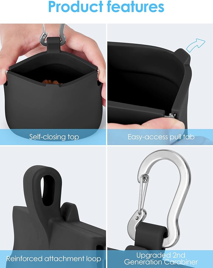 1Cup Silicone Dog Training Treat Pouch for Leash or Belt Loop(Black) | Clip on Leash or Belt Loop, One-Hand Access with Pull Tab, Small Pocket Sized, Auto Closing Lid for Pet Training & Walking