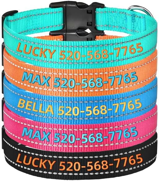 Personalized Dog Collars, Custom Reflective Embroidered Dog Collar with Name and Phone Numbers, Soft Nylon Adjustable, for XS, XL, Small, Medium, Large Dogs