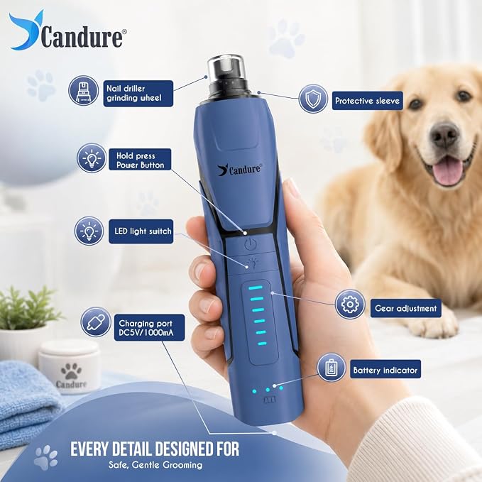 Candure Whisper Quiet Dog Nail Grinder with 360 Degree LED Light, 6-Speed Rechargeable Pet Nail Trimmers with Extra Grinding Head for Safe, Stress-Free Grooming for All Pet Sizes (Dark Blue)