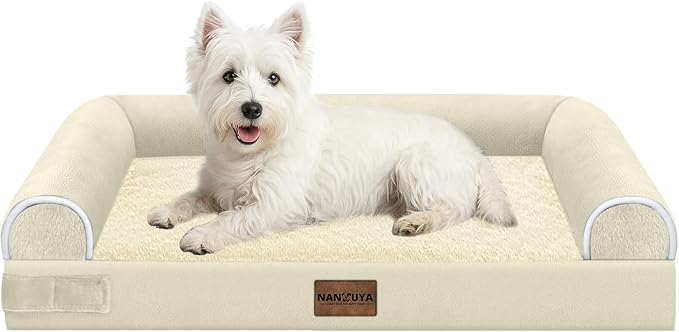 NANUYA Orthopedic Dog Bed for Medium Dogs, 28 x 19 Inch, Beige | Egg crate foam for joint support, 3-sided bolster pet sofa, waterproof lining, washable cover, and non-skid base