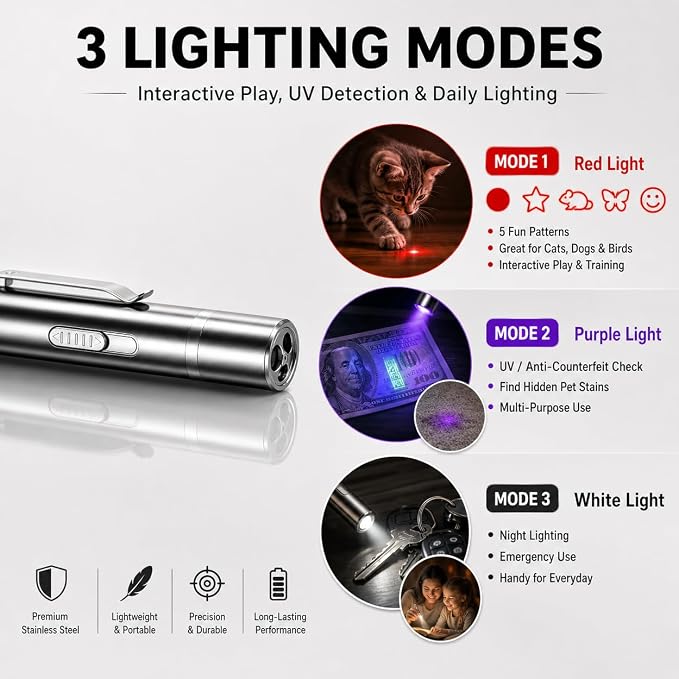 Cat Interactive Light Toy, 3 Light Modes & 5 Fun Patterns, USB Rechargeable Pointer for Cats/Dogs/Birds, 20-Min Fast Charge, Stainless Steel Portable Cat Chaser Toy with RingwormDetector & Flashlight