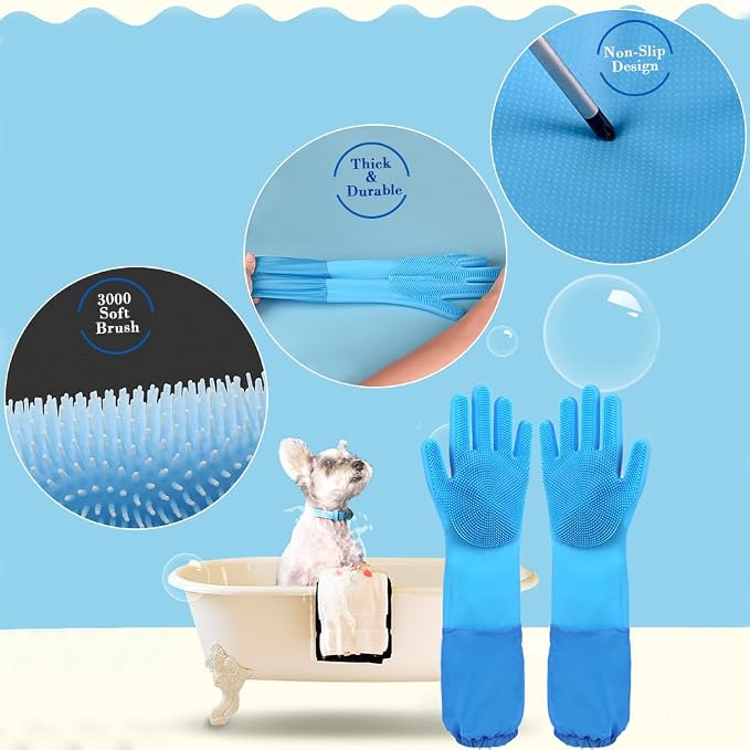 Pet Grooming Gloves Pet Hair Remover Cat, Dog Washing Gloves Silicone Heat Resistant Cleaning Gloves with High-Density Teeth Grooming Gloves for Dogs, Cats, Horses, Rabbits (2 Pairs - Blue)