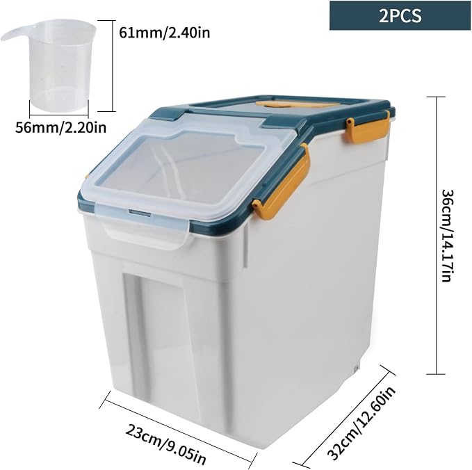 AnRui Flour Storage Container 25lb, Grain Storage Bucket, Airtight Rice Cereal Dispenser Organizer Box with Lid, Wheat Berry Storage Bin with Measuring Cup, Scoop, Wheels, 2Pcs Blue