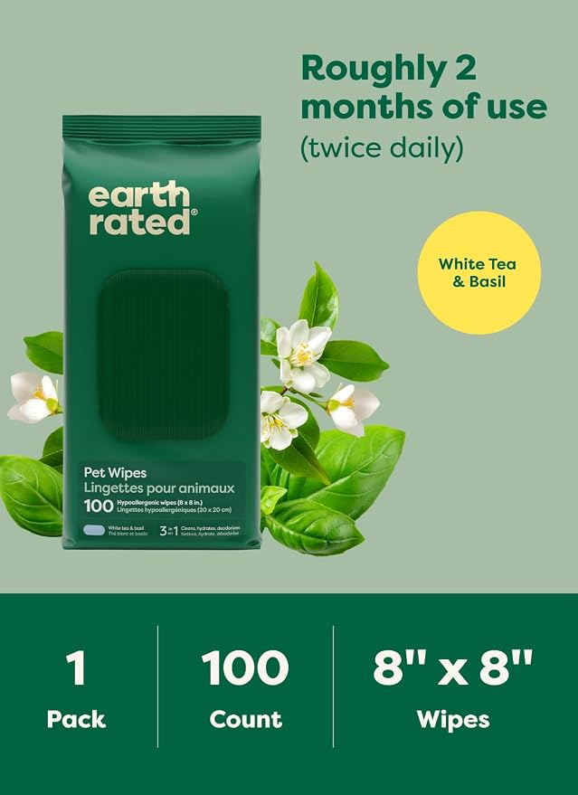 Earth Rated Dog Wipes for Paws & Butt, Deodorizing, White Tea & Basil, 200ct