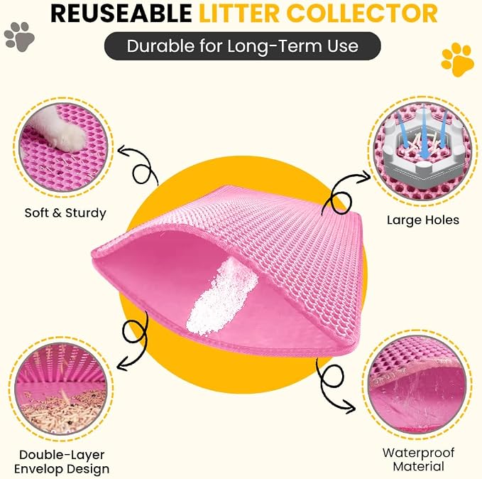 Andalus Brands Medium Cat Litter Mat - Waterproof & Urine-Proof Litter Box Mat, Non-Slip Kitty Litter Mats for Floor, Easy to Clean Litter Trapping Design (24" x 15", Pink)
