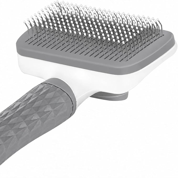 Generic Pet Grooming Brush, Gray - Self Cleaning Dematting Comb for Cats and Dogs, Bristles with Massage Particles, Ergonomic Handle Design, Easy to Use, for Long or Short Hair Breeds, Stainless Steel