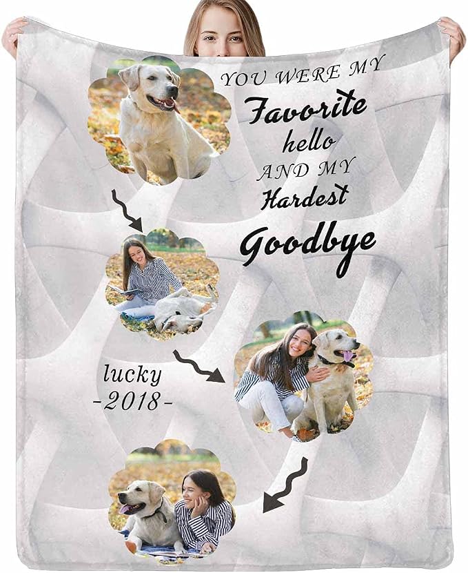 Personalized Throw Blanket Custom Blankets with Dog Photo Name Hello and Goodbye Soft Fleece Blanket for pet Memorial Gifts 4 Photos Collage