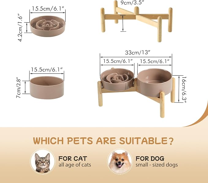 Havniva 6.1” Raised Slow Feeder Dog Bowls Set, 0.9 Cups Ceramic Slow Feeder Dog Bowl and 6.1” Dog Water Bowl with Elevated Wooden Stand Puzzle Dog Food Bowl for Small Dogs Anti-Gulping & Anti-Choking