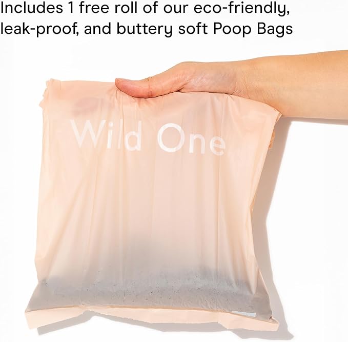 Wild One Dog Poop Bag Holder and Dispenser with Leash Attachment, Leak Proof, Easy Twist Top for Refills, Includes 1 Roll Bags, Spruce