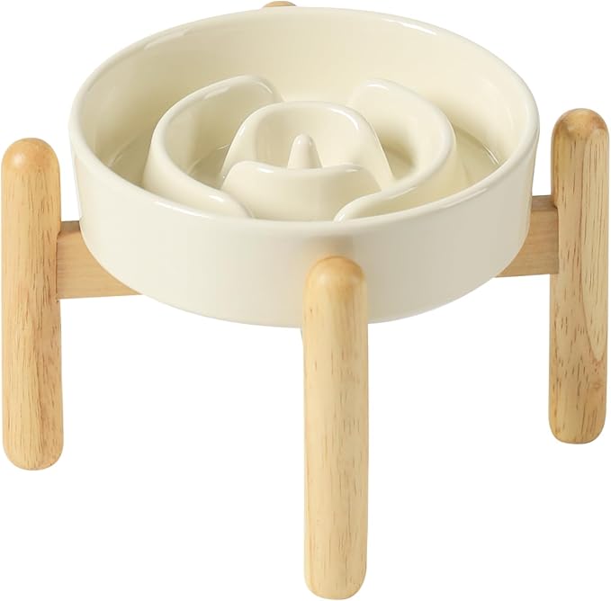 Havniva 6.1” Raised Slow Feeder Dog Bowls, 0.9 Cups Ceramic Dog Bowl Slow Feeding for Small Breed, Elevated Puzzle Dog Food Bowl with Wooden Stand Non-Slip Anti-Gulping & Anti-Choking