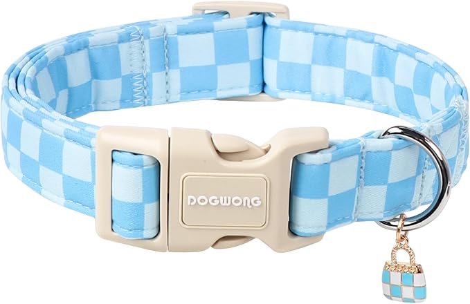 DOGWONG Blue Checkered Dog Collar, Blue Plaid Dog Collars, Adjustable Cute Boy Pet Collars Girl Design Dog Collar for Small Medium Large Dogs，XS