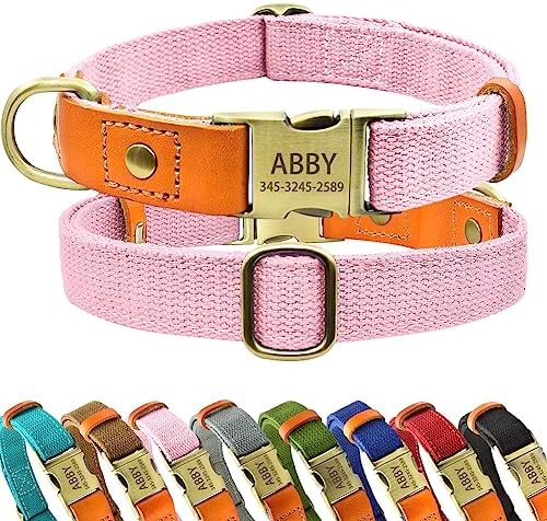 Personalized Dog Collar with Engraved Buckle for Small Medium Large Dogs, Custom Nylon & Genuine Leather Sewing Dog Collar with Name (L(1.0''*15''-23''),Pink)